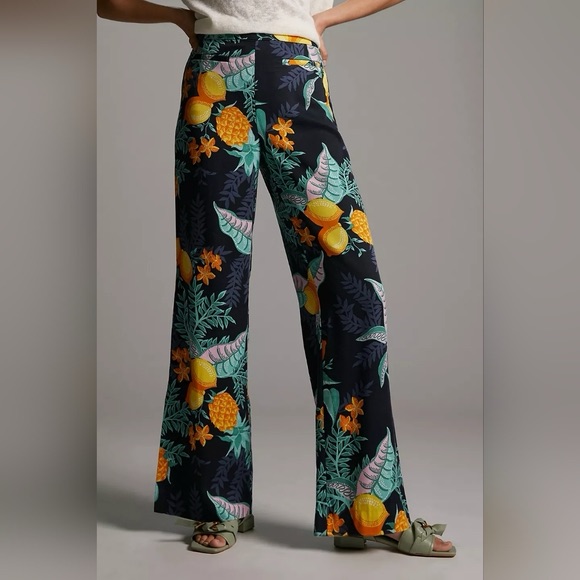 Anthropologie Maeve Escape Printed Pants Size 4 Blue Pineapples Lemon Resortwear